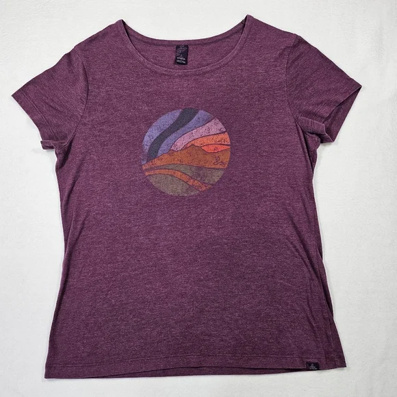 ​Prana Mountain Sunset Graphic T-Shirt Purple Heathered Hiking Tee Size Large - Picture 2 of 5